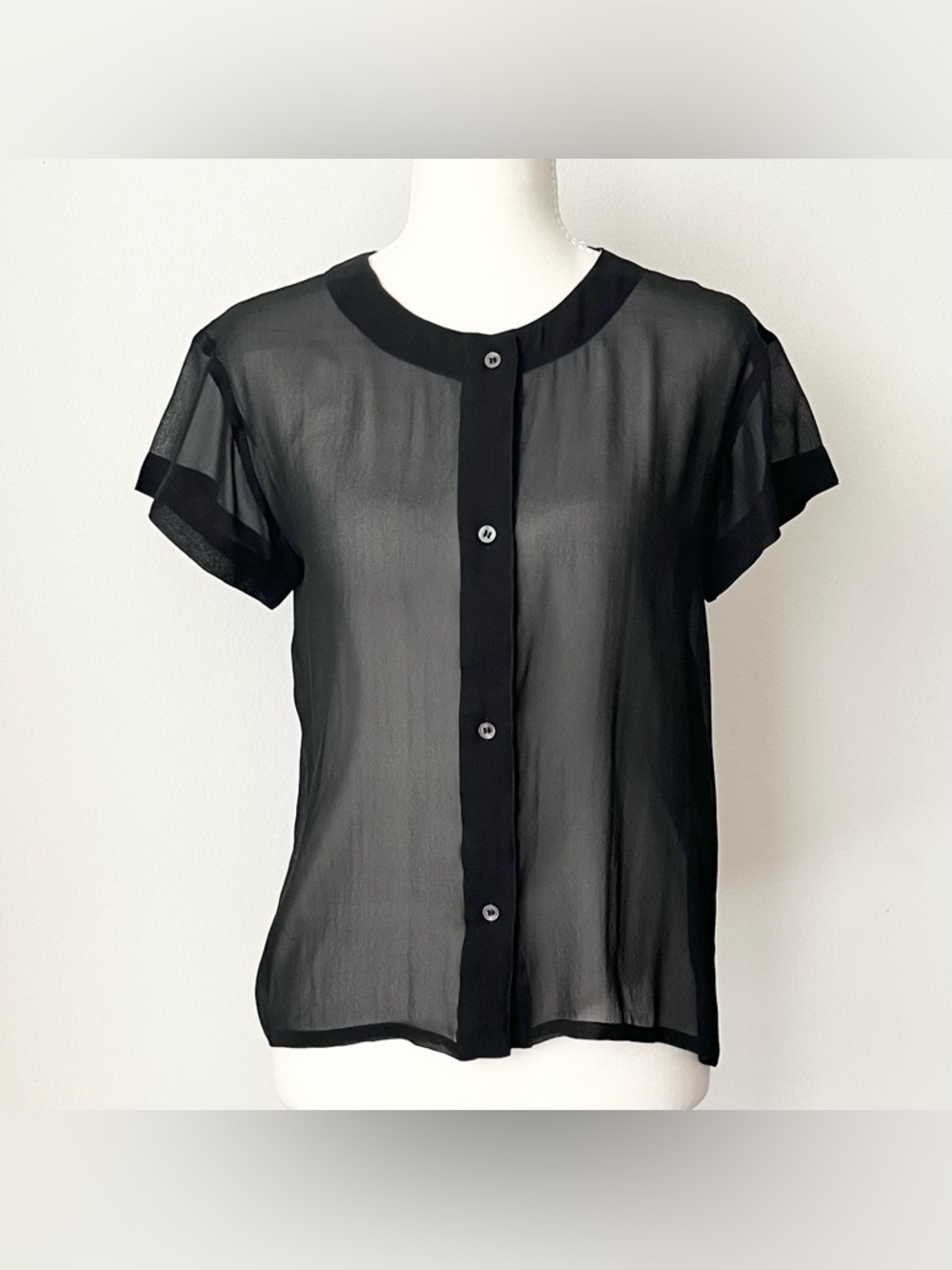 Vintage Manson Women's Black Sheer Blouse Size 2 Short Sleeve Minimalist Elegant
